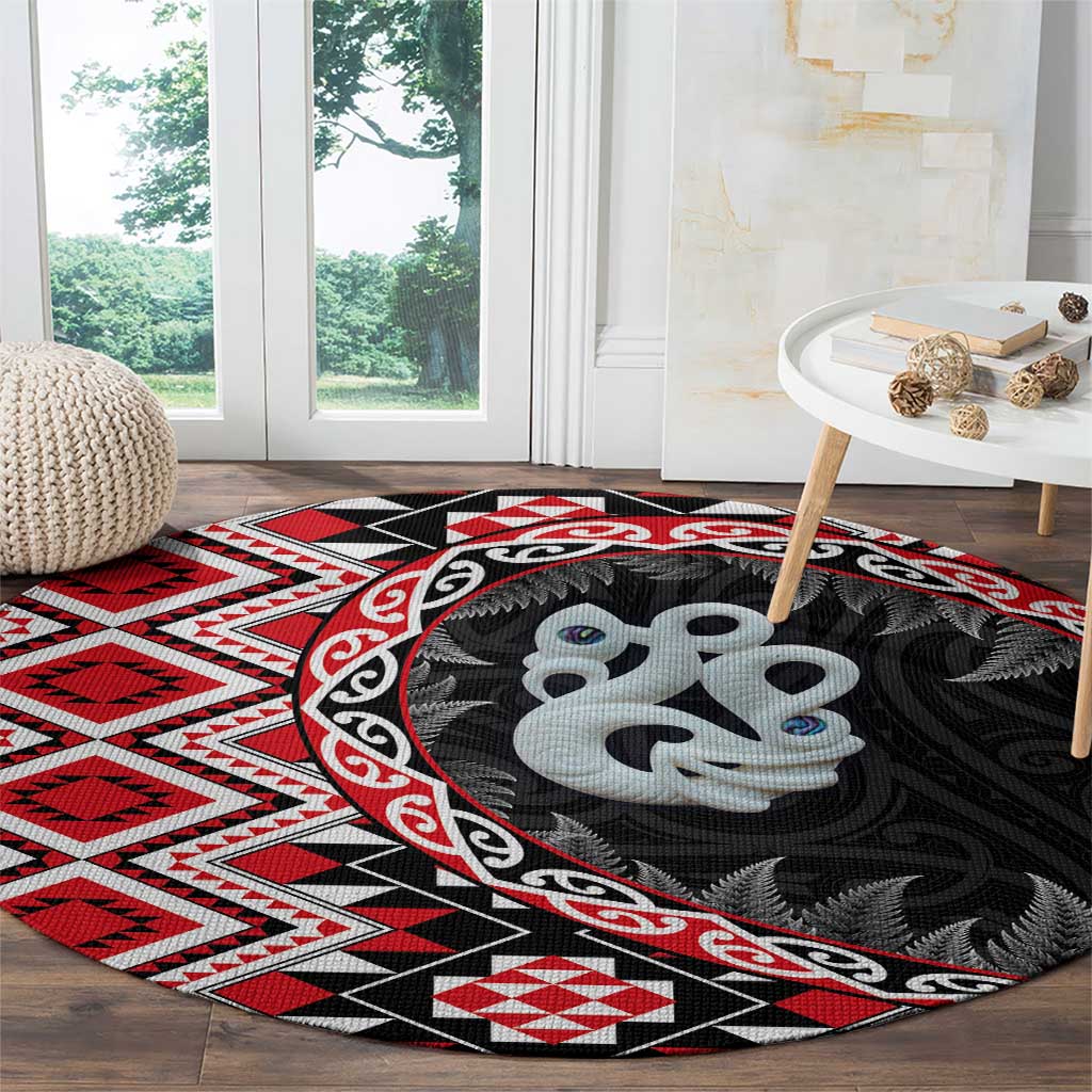 Red Taniko Motif Aotearoa Manaia and Silver Fern Round Carpet LT03 - Polynesian Pride