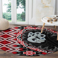 Red Taniko Motif Aotearoa Manaia and Silver Fern Round Carpet LT03 - Polynesian Pride