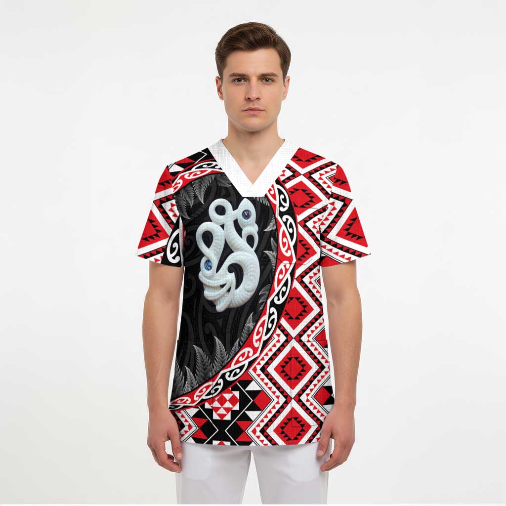 Red Taniko Motif Aotearoa Manaia and Silver Fern Scrub Top - Polynesian Pride