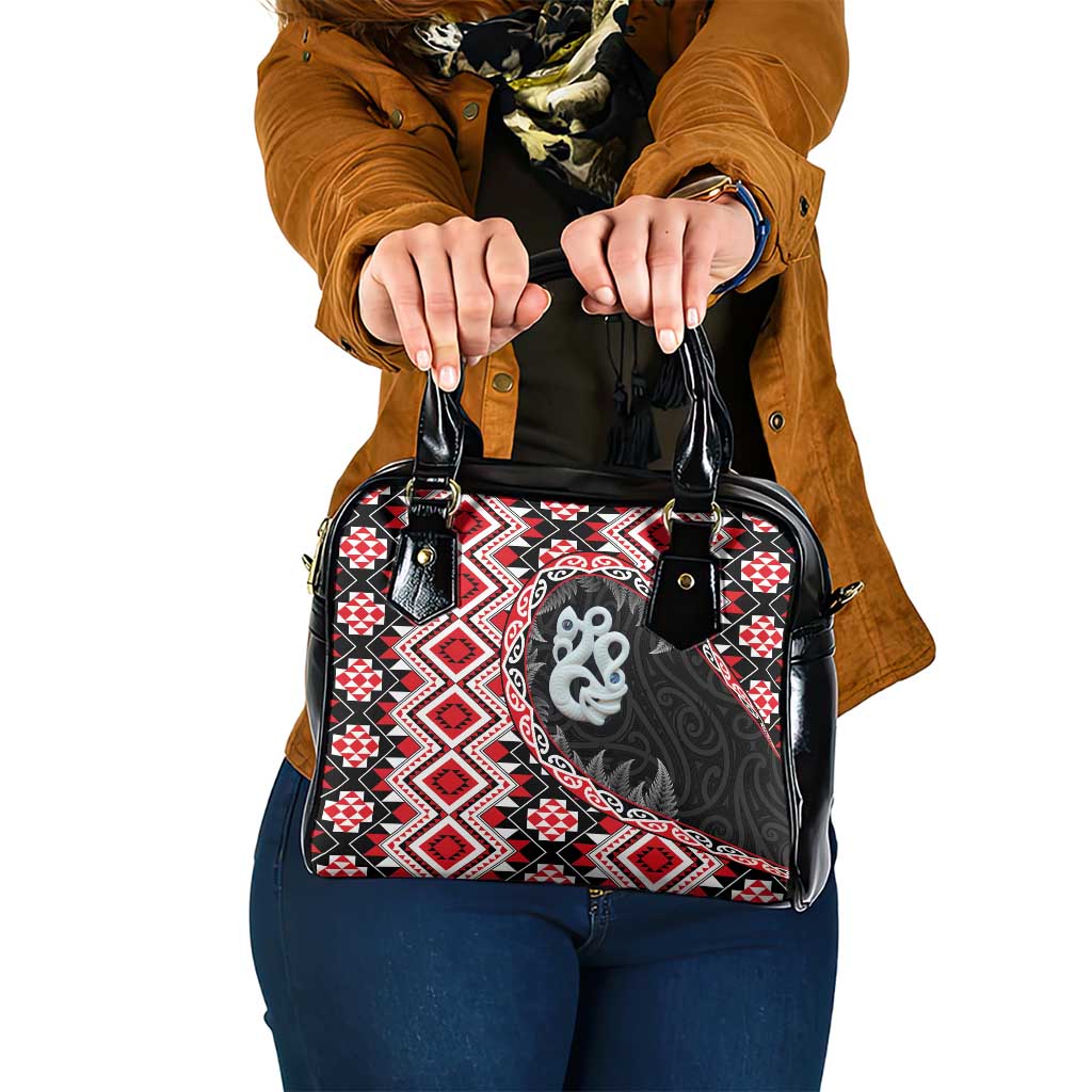 Red Taniko Motif Aotearoa Manaia and Silver Fern Shoulder Handbag LT03 One Size Red - Polynesian Pride