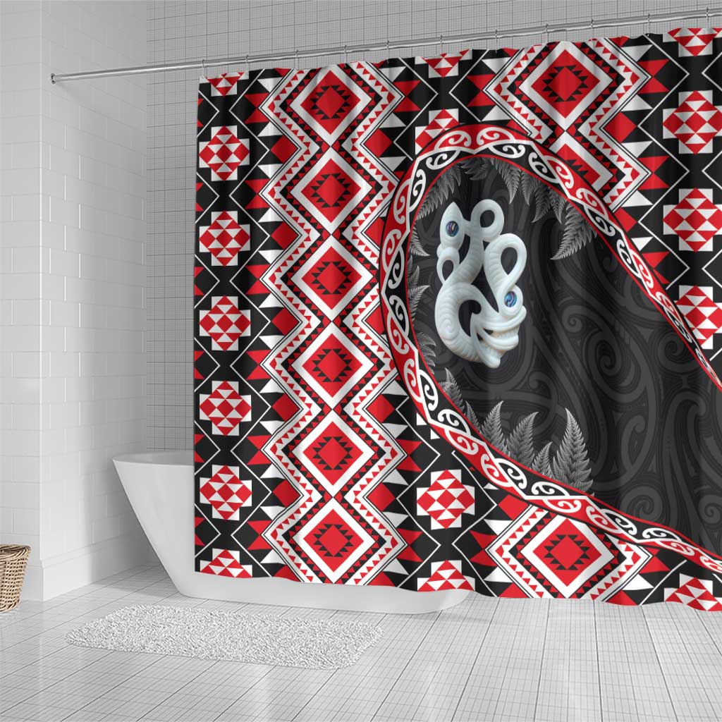 Red Taniko Motif Aotearoa Manaia and Silver Fern Shower Curtain LT03 - Polynesian Pride