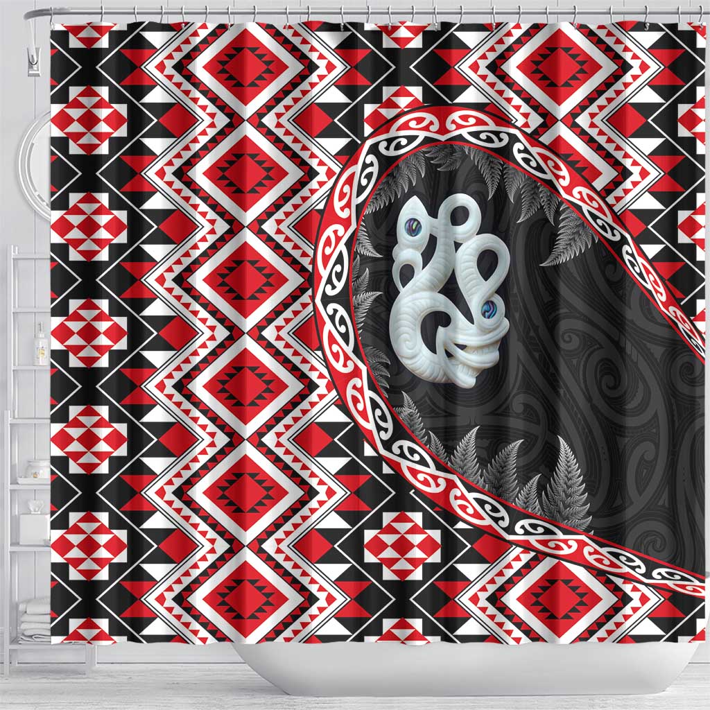 Red Taniko Motif Aotearoa Manaia and Silver Fern Shower Curtain LT03 - Polynesian Pride