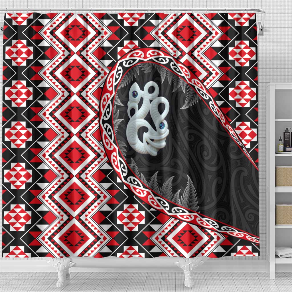 Red Taniko Motif Aotearoa Manaia and Silver Fern Shower Curtain LT03 - Polynesian Pride