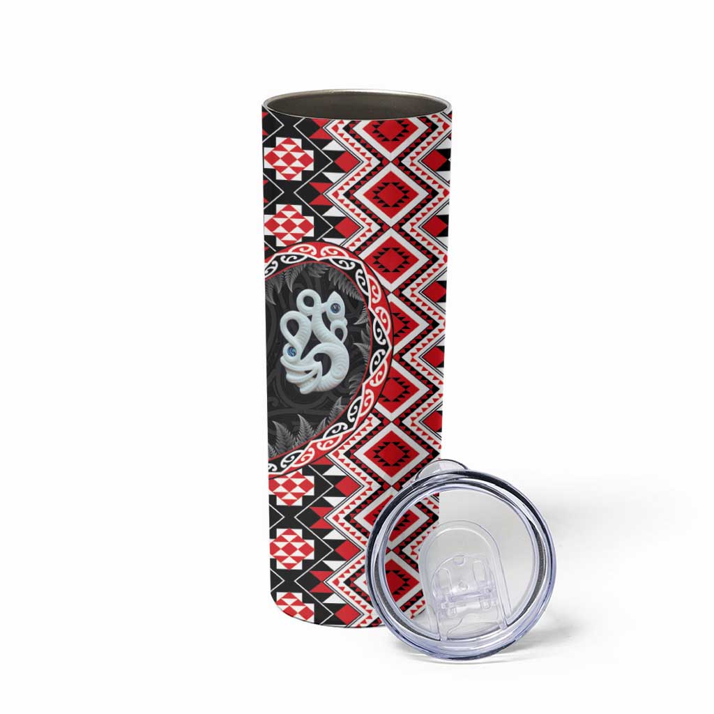 Red Taniko Motif Aotearoa Manaia and Silver Fern Skinny Tumbler