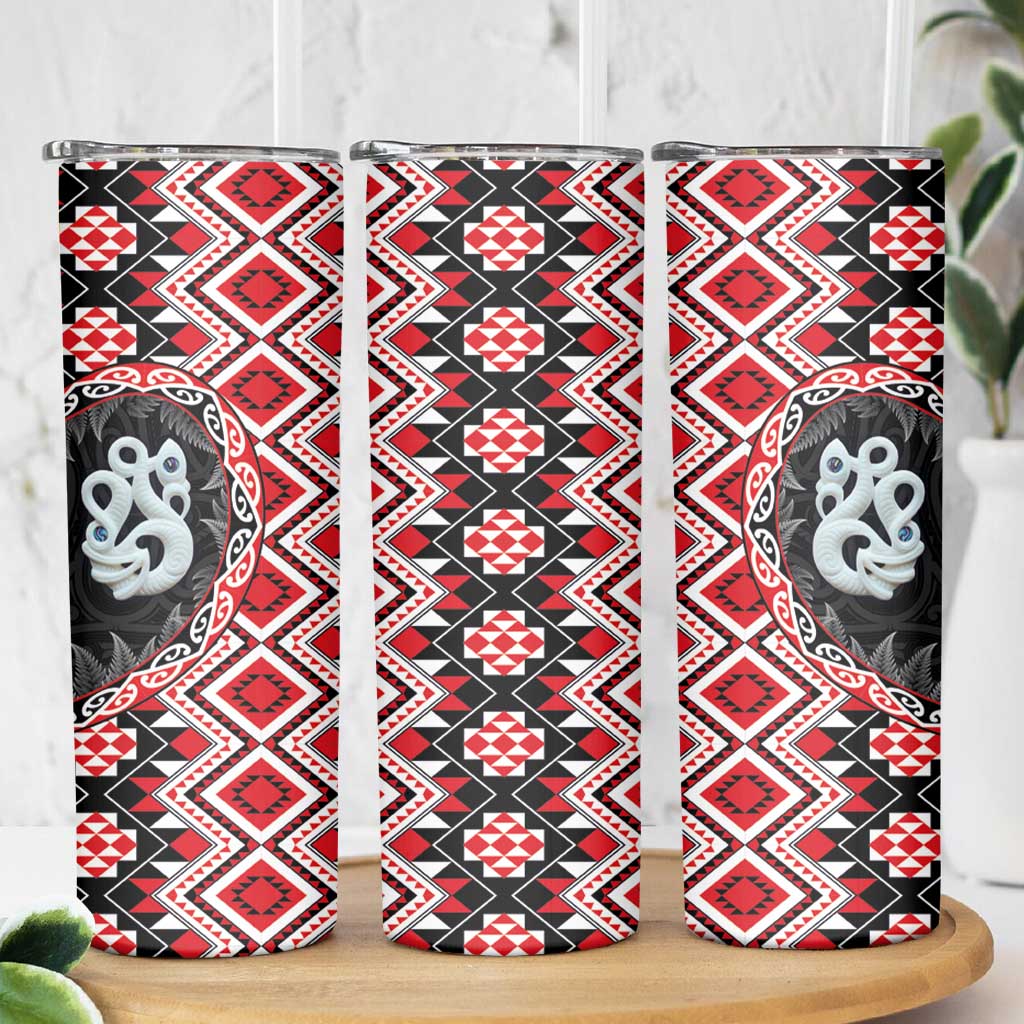 Red Taniko Motif Aotearoa Manaia and Silver Fern Skinny Tumbler
