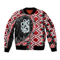 Red Taniko Motif Aotearoa Manaia and Silver Fern Sleeve Zip Bomber Jacket