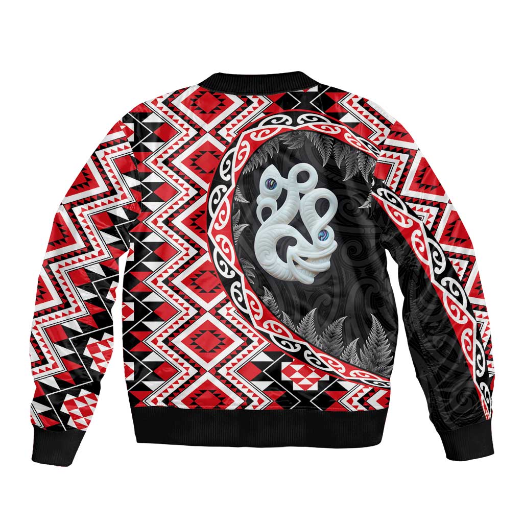 Red Taniko Motif Aotearoa Manaia and Silver Fern Sleeve Zip Bomber Jacket