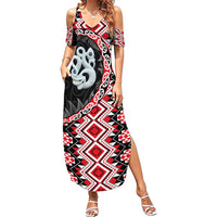 Red Taniko Motif Aotearoa Manaia and Silver Fern Summer Maxi Dress