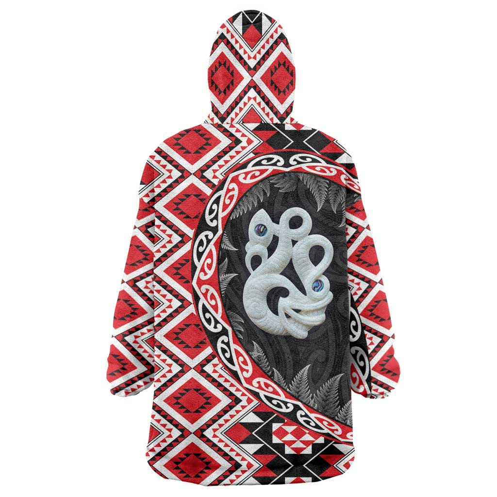 Red Taniko Motif Aotearoa Manaia and Silver Fern Wearable Blanket Hoodie