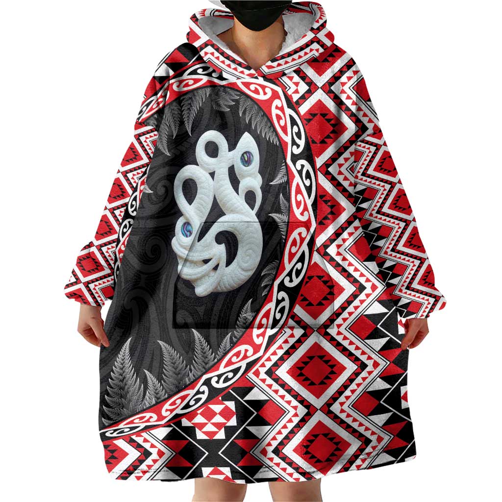 Red Taniko Motif Aotearoa Manaia and Silver Fern Wearable Blanket Hoodie