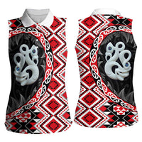 Red Taniko Motif Aotearoa Manaia and Silver Fern Women Sleeveless Polo Shirt