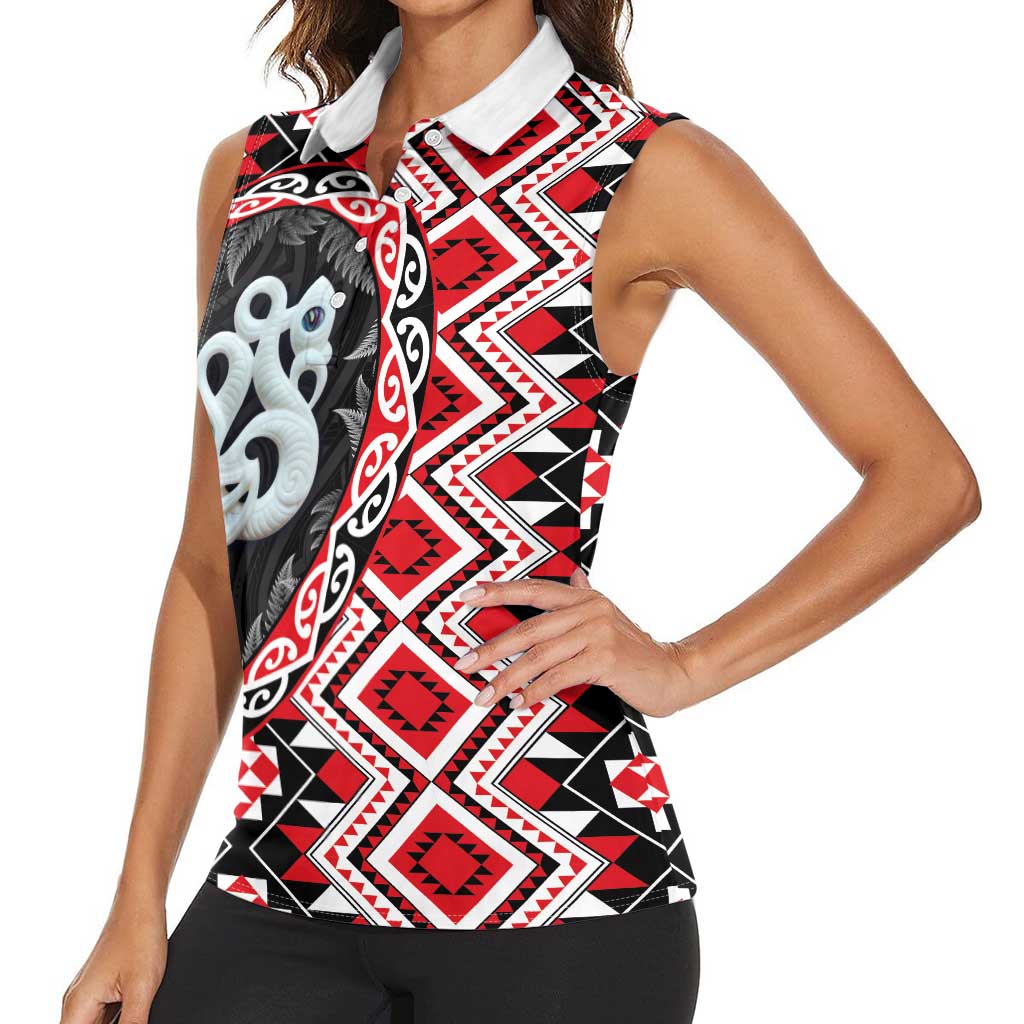 Red Taniko Motif Aotearoa Manaia and Silver Fern Women Sleeveless Polo Shirt