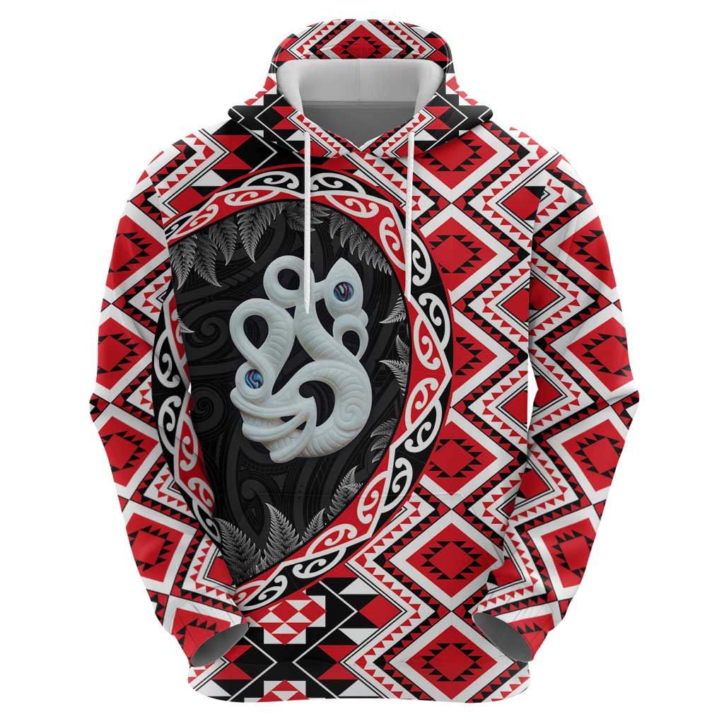 Red Taniko Motif Aotearoa Manaia and Silver Fern Zip Hoodie LT03 - Polynesian Pride