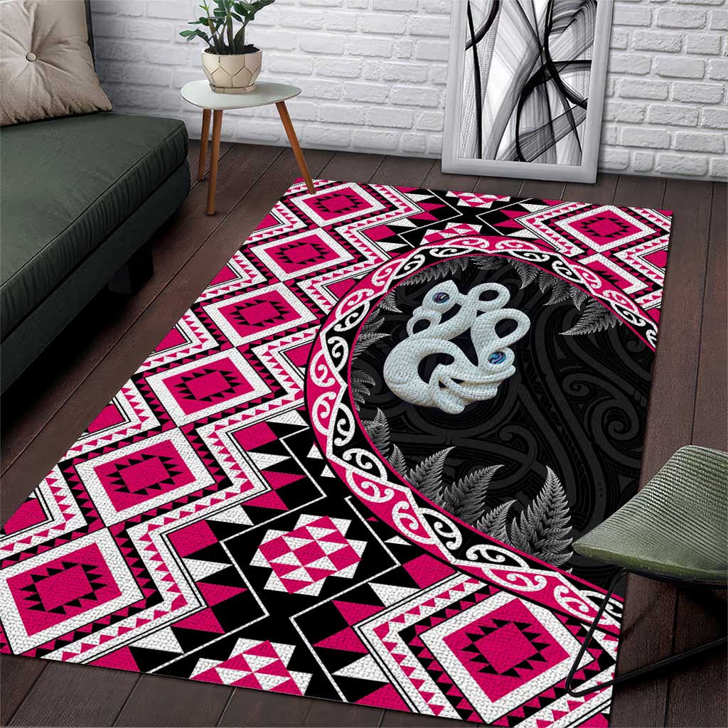 Pink Taniko Motif Aotearoa Manaia and Silver Fern Area Rug