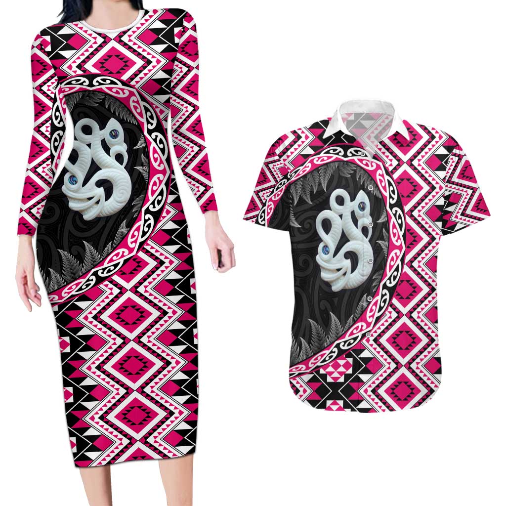 Pink Taniko Motif Aotearoa Manaia and Silver Fern Couples Matching Long Sleeve Bodycon Dress and Hawaiian Shirt