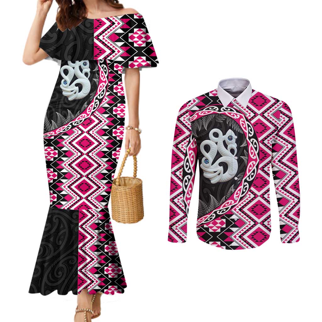 Pink Taniko Motif Aotearoa Manaia and Silver Fern Couples Matching Mermaid Dress and Long Sleeve Button Shirt