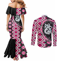 Pink Taniko Motif Aotearoa Manaia and Silver Fern Couples Matching Mermaid Dress and Long Sleeve Button Shirt