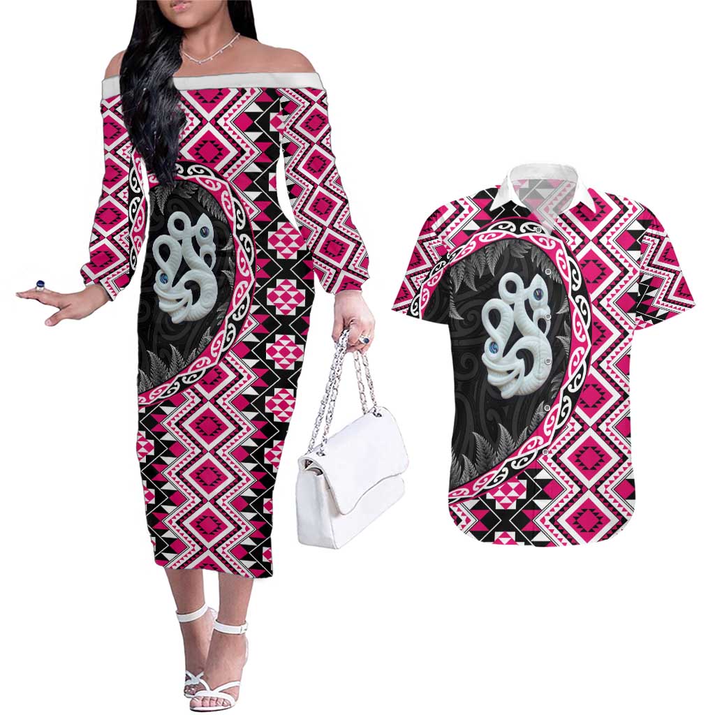 Pink Taniko Motif Aotearoa Manaia and Silver Fern Couples Matching Off The Shoulder Long Sleeve Dress and Hawaiian Shirt