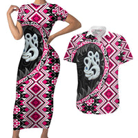 Pink Taniko Motif Aotearoa Manaia and Silver Fern Couples Matching Short Sleeve Bodycon Dress and Hawaiian Shirt