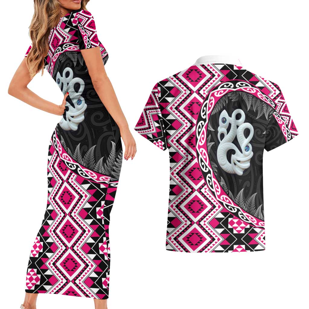 Pink Taniko Motif Aotearoa Manaia and Silver Fern Couples Matching Short Sleeve Bodycon Dress and Hawaiian Shirt