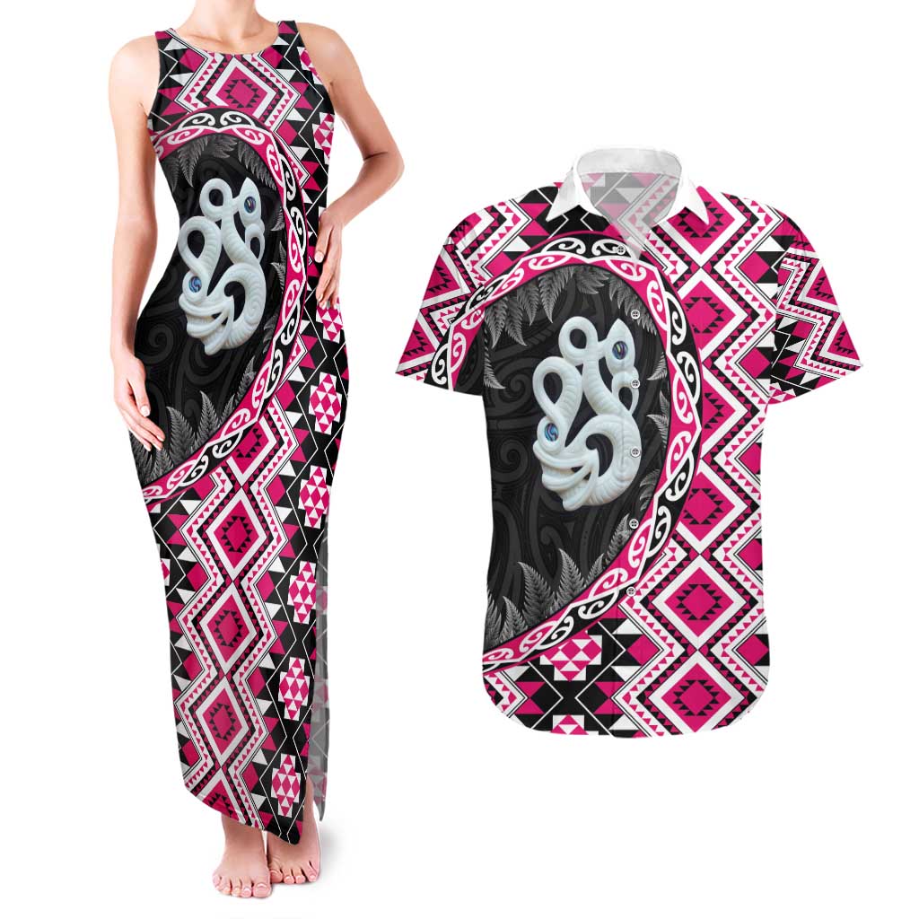 Pink Taniko Motif Aotearoa Manaia and Silver Fern Couples Matching Tank Maxi Dress and Hawaiian Shirt
