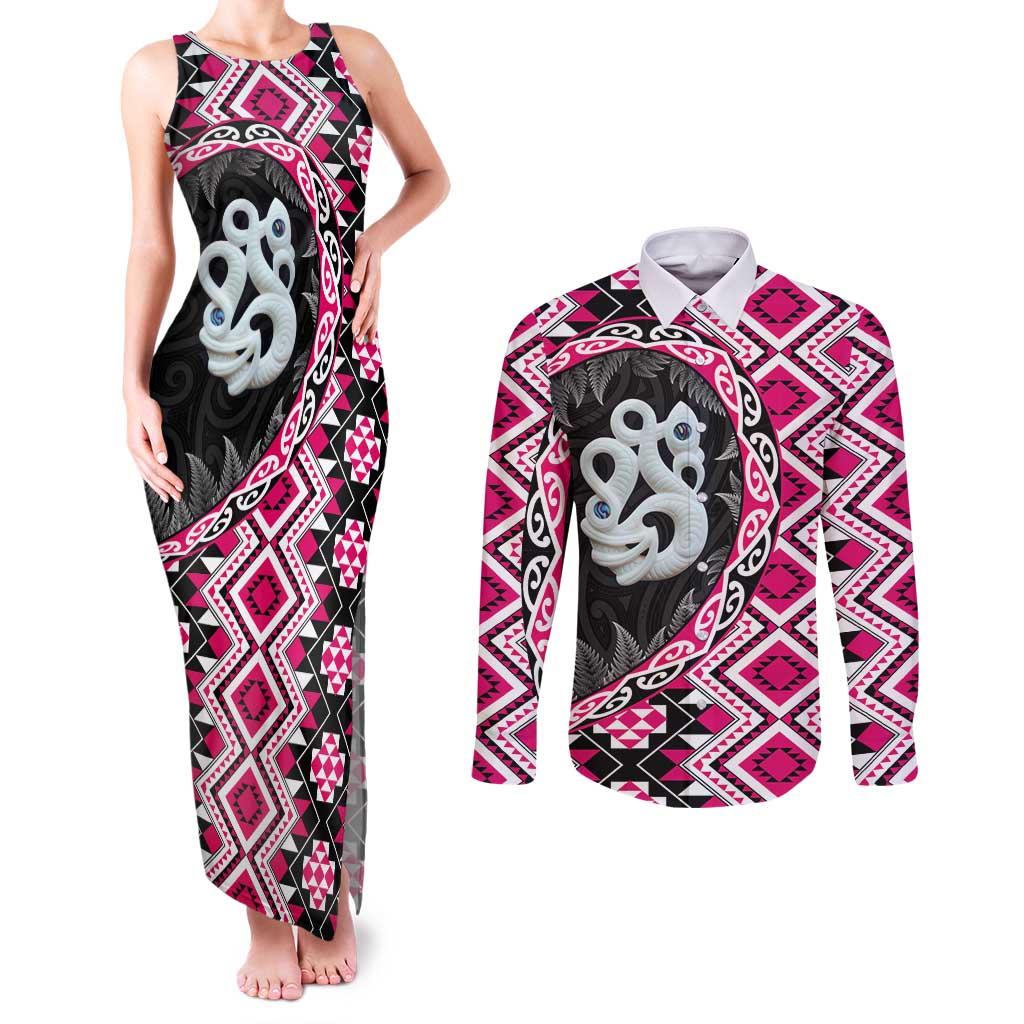 Pink Taniko Motif Aotearoa Manaia and Silver Fern Couples Matching Tank Maxi Dress and Long Sleeve Button Shirt