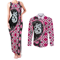Pink Taniko Motif Aotearoa Manaia and Silver Fern Couples Matching Tank Maxi Dress and Long Sleeve Button Shirt