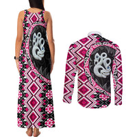 Pink Taniko Motif Aotearoa Manaia and Silver Fern Couples Matching Tank Maxi Dress and Long Sleeve Button Shirt