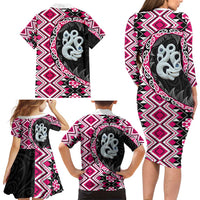 Pink Taniko Motif Aotearoa Manaia and Silver Fern Family Matching Long Sleeve Bodycon Dress and Hawaiian Shirt