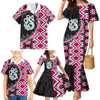 Pink Taniko Motif Aotearoa Manaia and Silver Fern Family Matching Mermaid Dress and Hawaiian Shirt