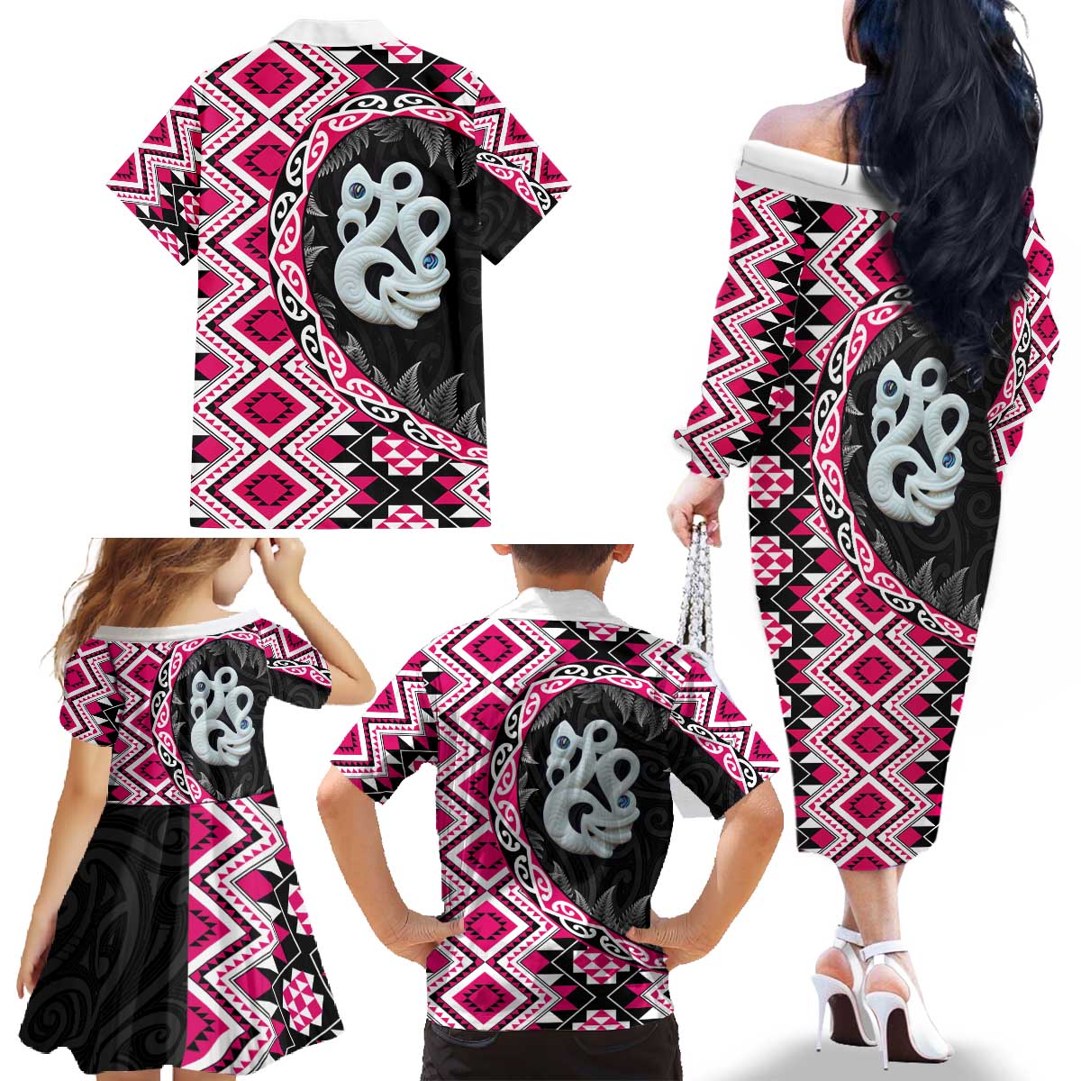 Pink Taniko Motif Aotearoa Manaia and Silver Fern Family Matching Off The Shoulder Long Sleeve Dress and Hawaiian Shirt