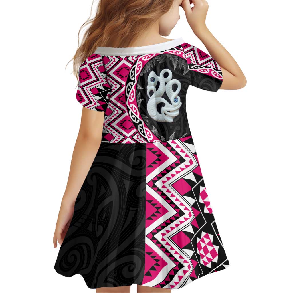 Pink Taniko Motif Aotearoa Manaia and Silver Fern Family Matching Off Shoulder Short Dress and Hawaiian Shirt