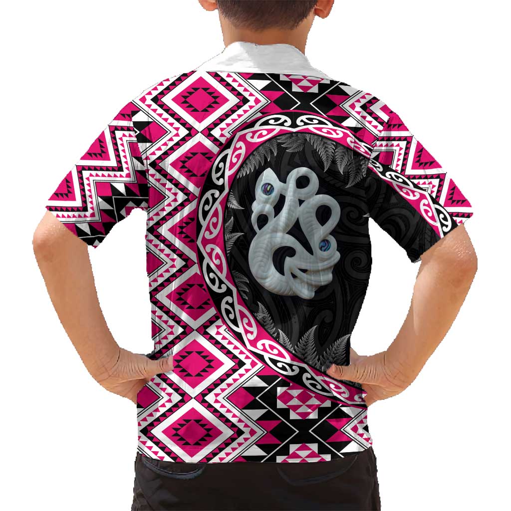 Pink Taniko Motif Aotearoa Manaia and Silver Fern Family Matching Tank Maxi Dress and Hawaiian Shirt LT03 - Polynesian Pride
