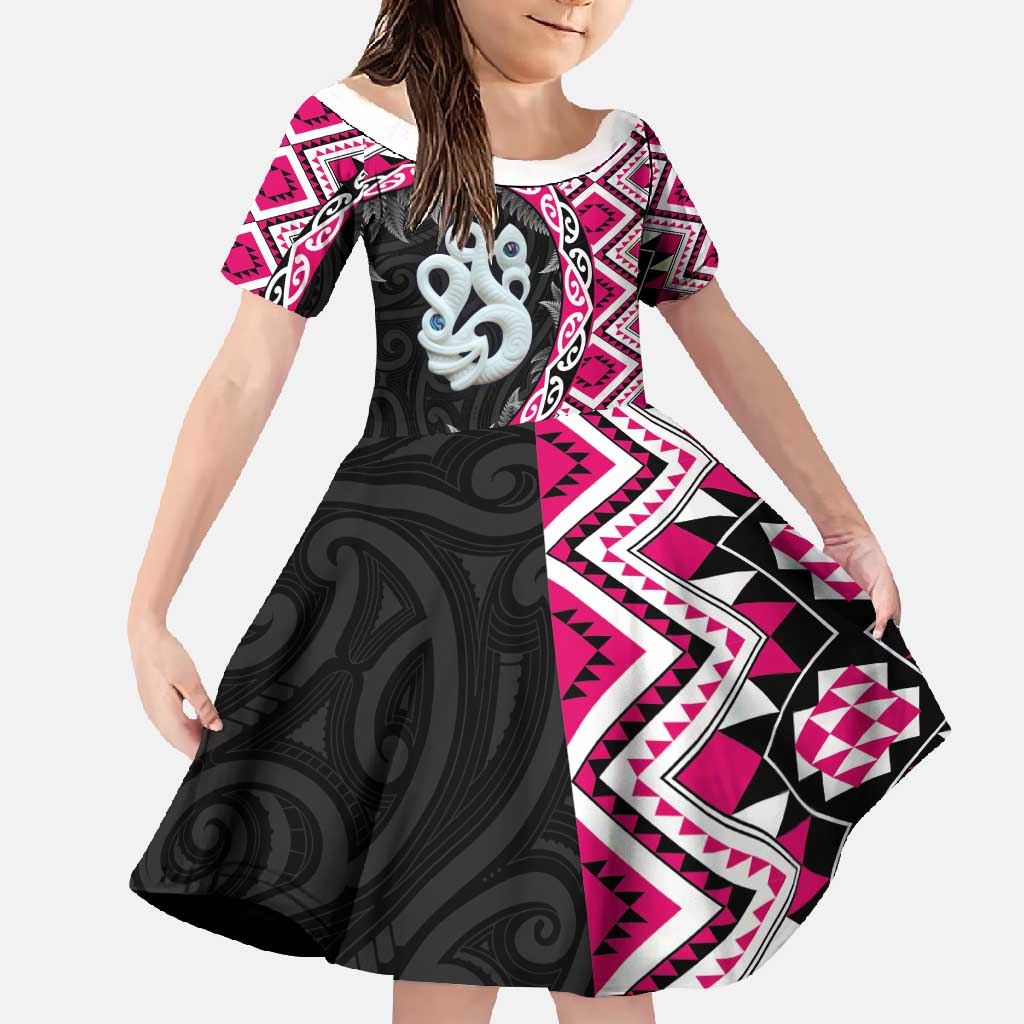 Pink Taniko Motif Aotearoa Manaia and Silver Fern Family Matching Tank Maxi Dress and Hawaiian Shirt LT03 Daughter's Dress Pink - Polynesian Pride