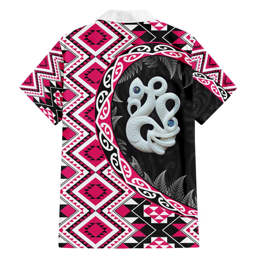 Pink Taniko Motif Aotearoa Manaia and Silver Fern Family Matching Tank Maxi Dress and Hawaiian Shirt LT03 - Polynesian Pride