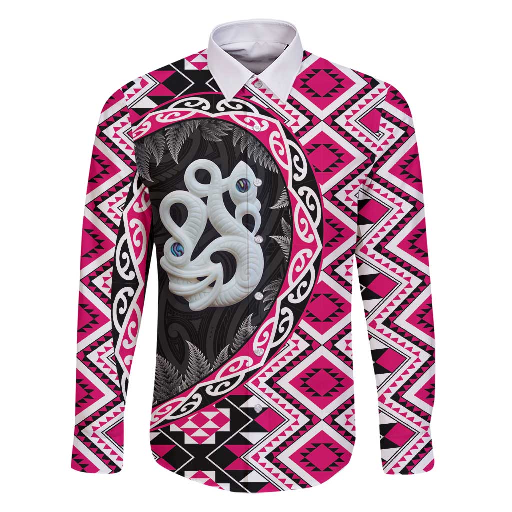 Pink Taniko Motif Aotearoa Manaia and Silver Fern Family Matching Tank Maxi Dress and Hawaiian Shirt LT03 Dad's Shirt - Long Sleeve Pink - Polynesian Pride