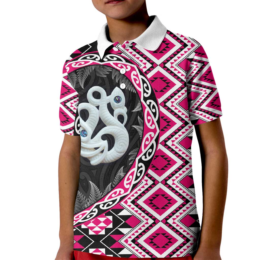 Pink Taniko Motif Aotearoa Manaia and Silver Fern Kid Polo Shirt LT03 Kid Pink - Polynesian Pride