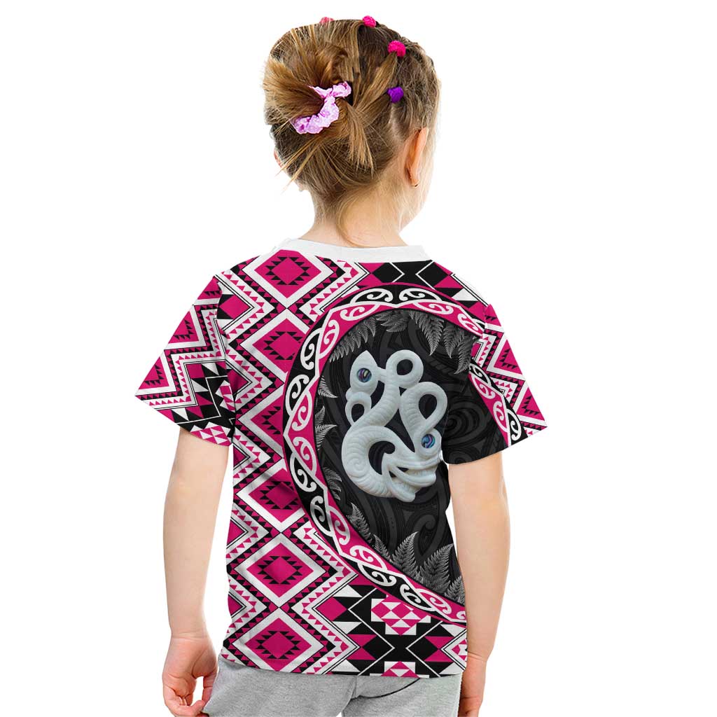 Pink Taniko Motif Aotearoa Manaia and Silver Fern Kid T Shirt