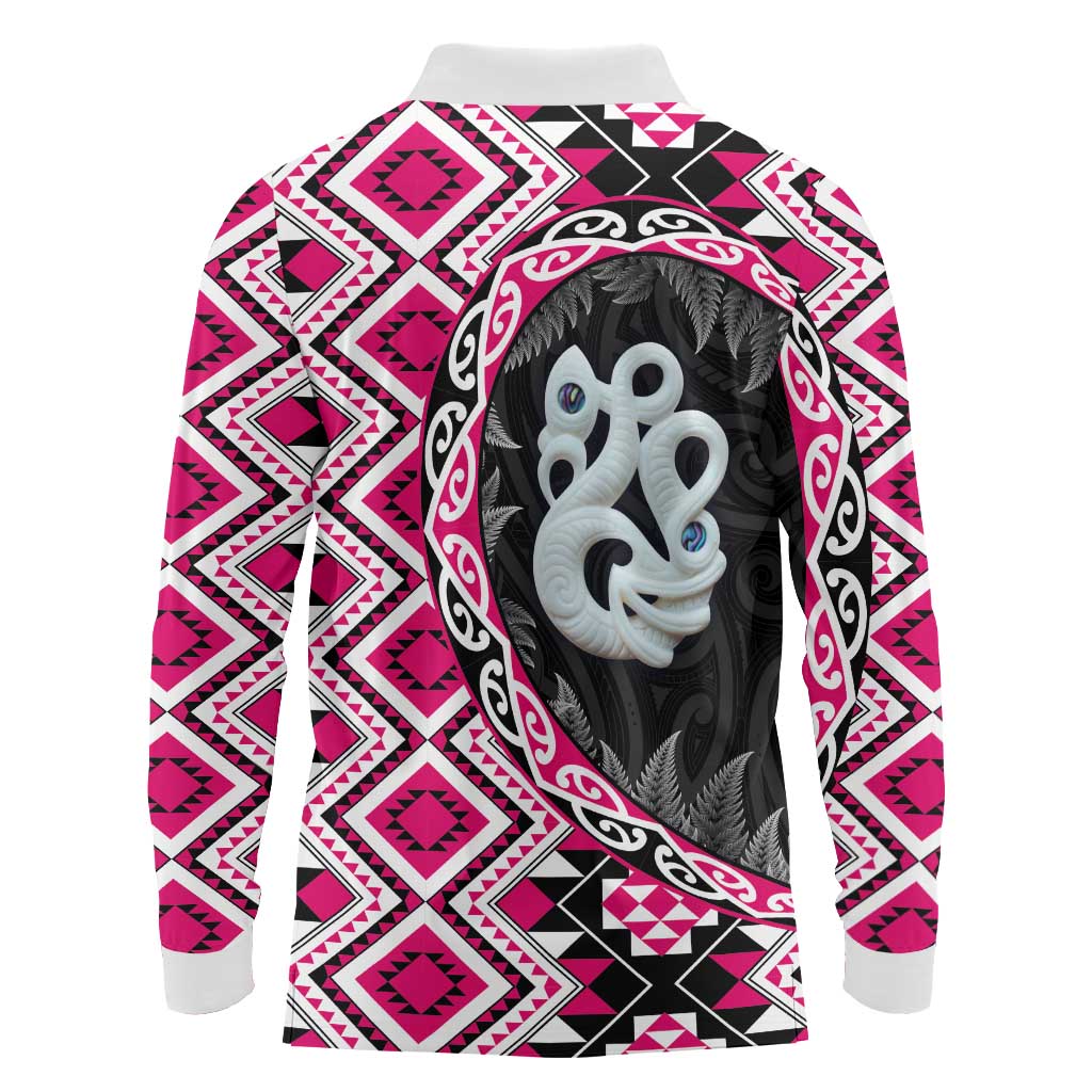 Pink Taniko Motif Aotearoa Manaia and Silver Fern Long Sleeve Polo Shirt