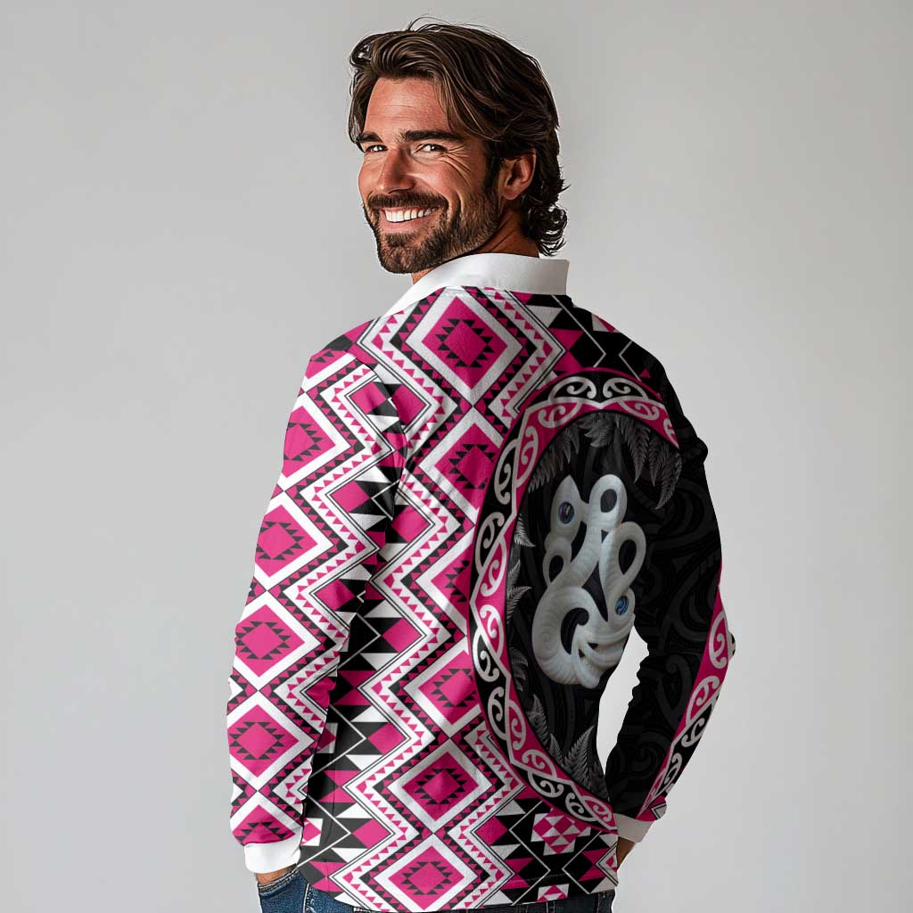Pink Taniko Motif Aotearoa Manaia and Silver Fern Long Sleeve Polo Shirt