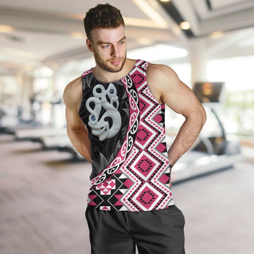 Pink Taniko Motif Aotearoa Manaia and Silver Fern Men Tank Top