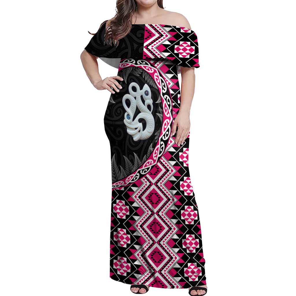 Pink Taniko Motif Aotearoa Manaia and Silver Fern Off Shoulder Maxi Dress