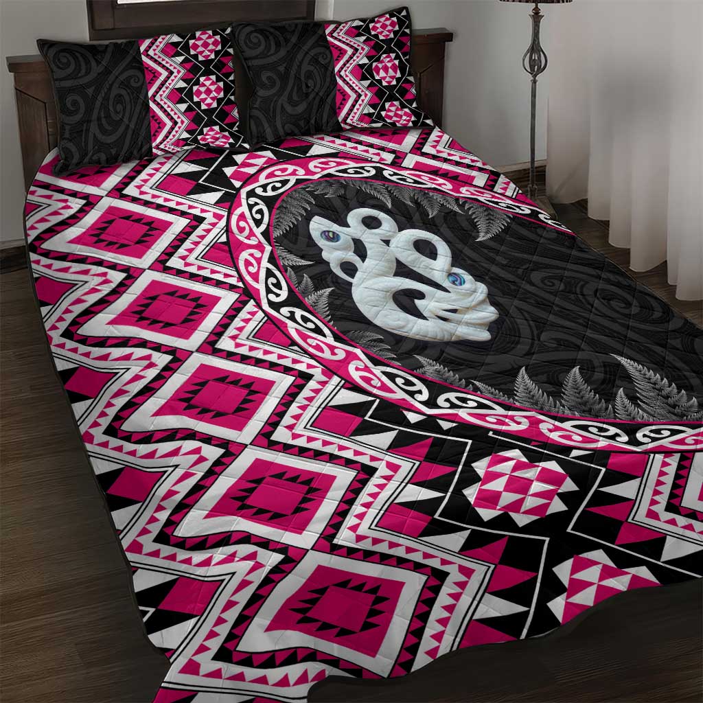 Pink Taniko Motif Aotearoa Manaia and Silver Fern Quilt Bed Set
