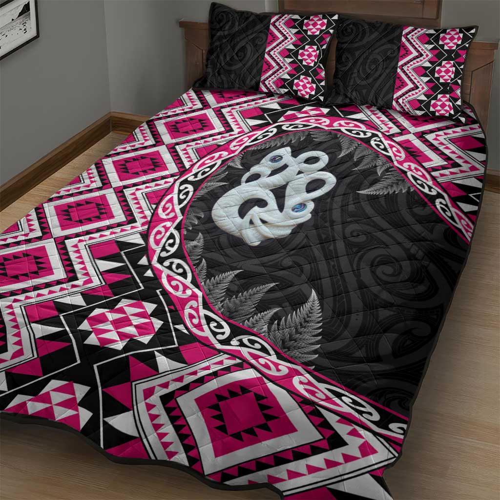 Pink Taniko Motif Aotearoa Manaia and Silver Fern Quilt Bed Set
