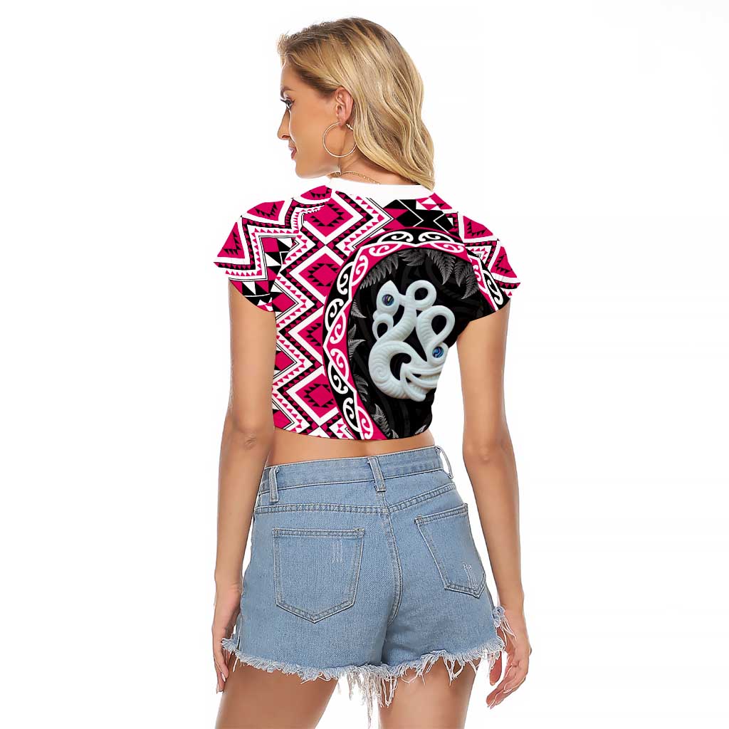 Pink Taniko Motif Aotearoa Manaia and Silver Fern Raglan Cropped T Shirt