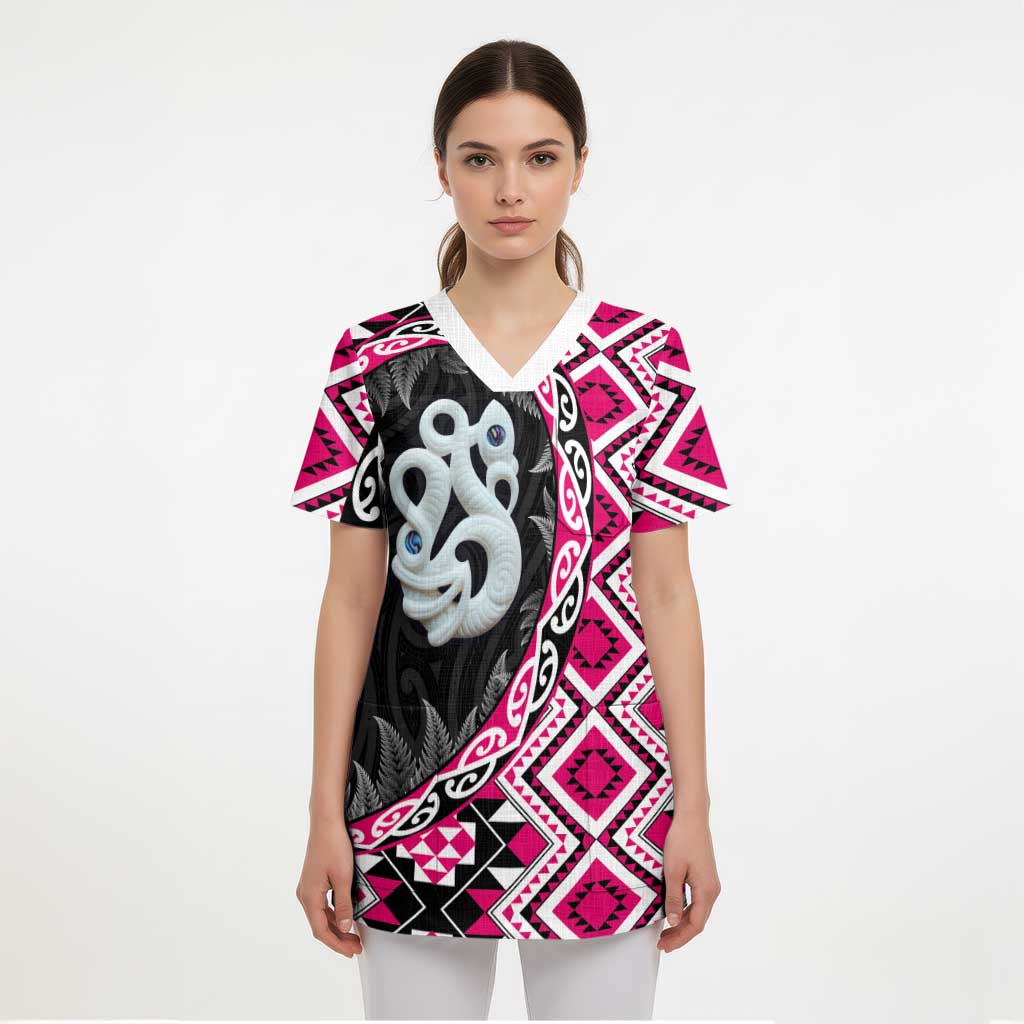 Pink Taniko Motif Aotearoa Manaia and Silver Fern Scrub Top - Polynesian Pride