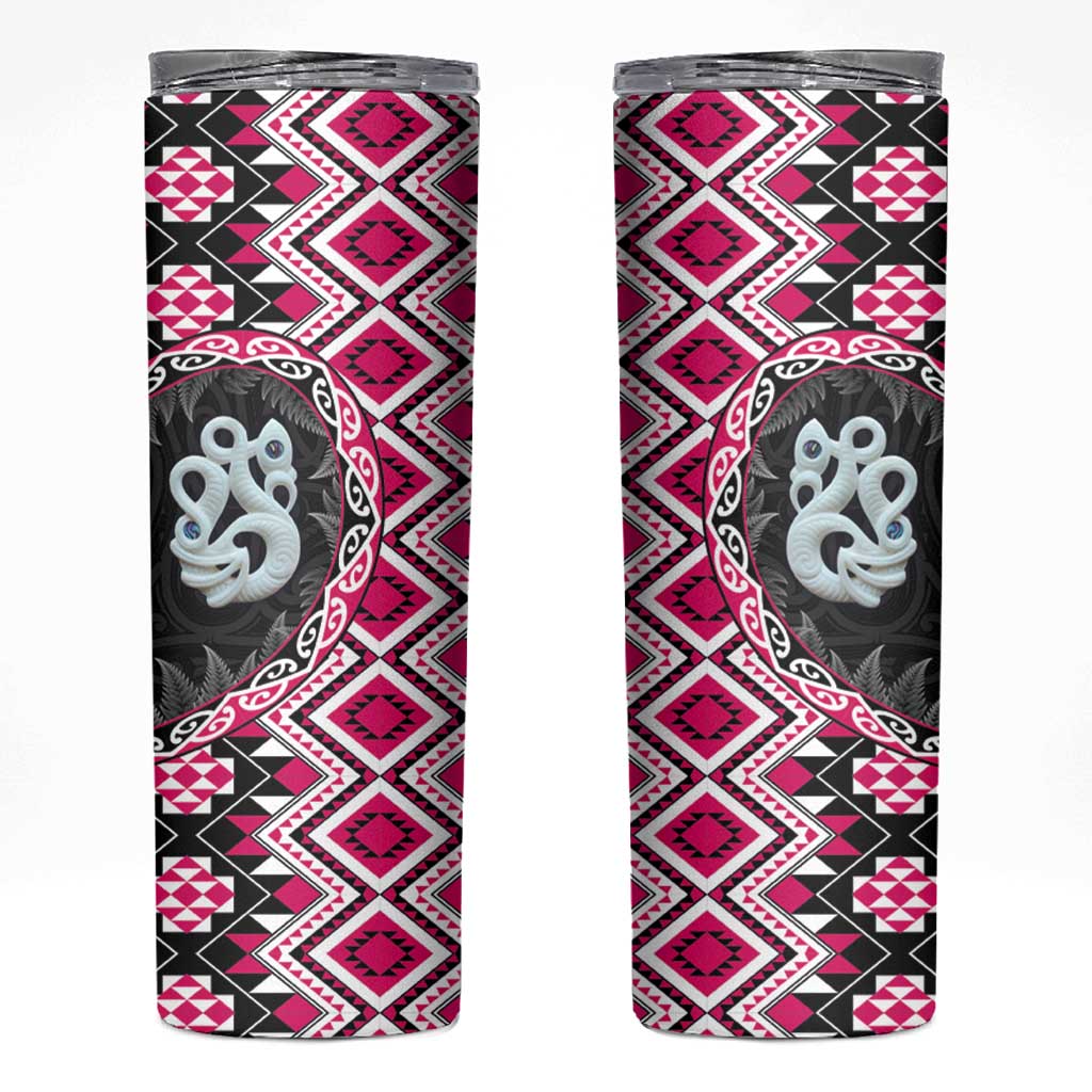 Pink Taniko Motif Aotearoa Manaia and Silver Fern Skinny Tumbler