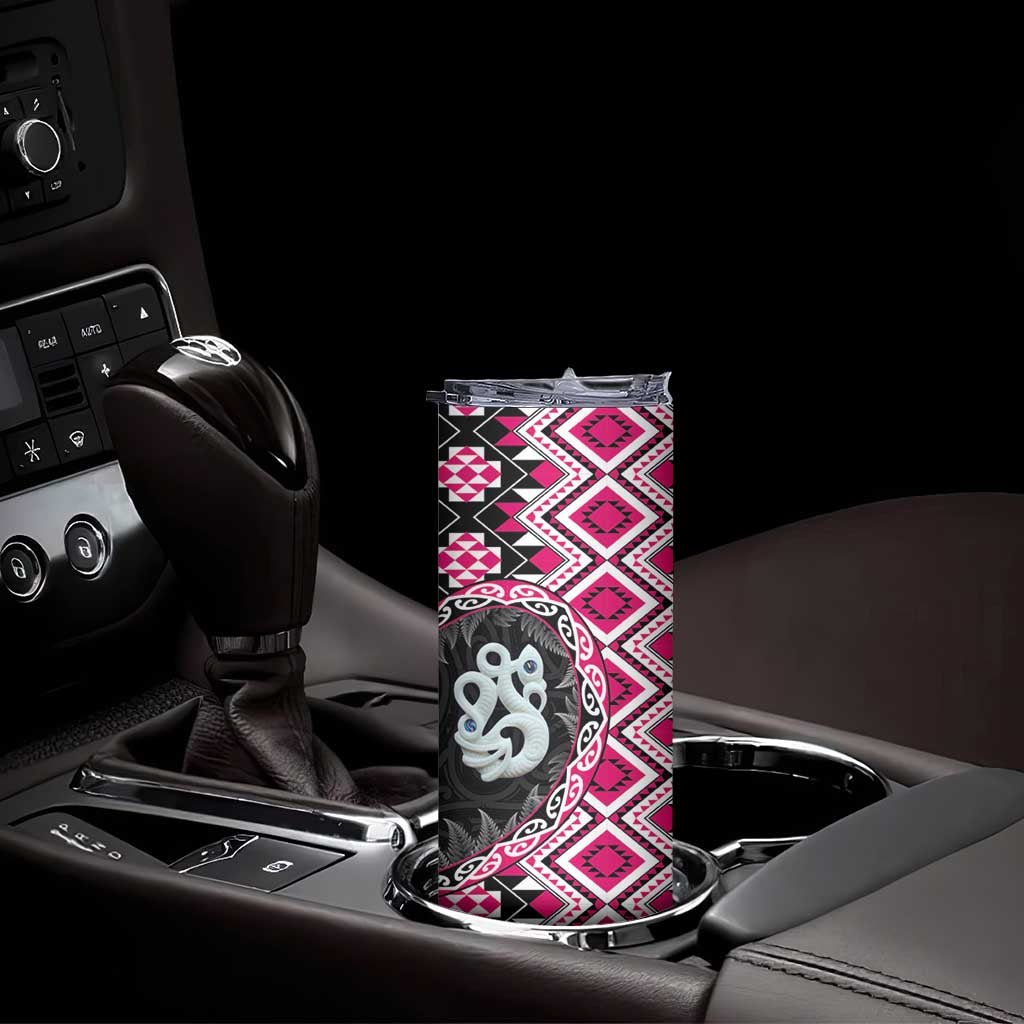Pink Taniko Motif Aotearoa Manaia and Silver Fern Skinny Tumbler
