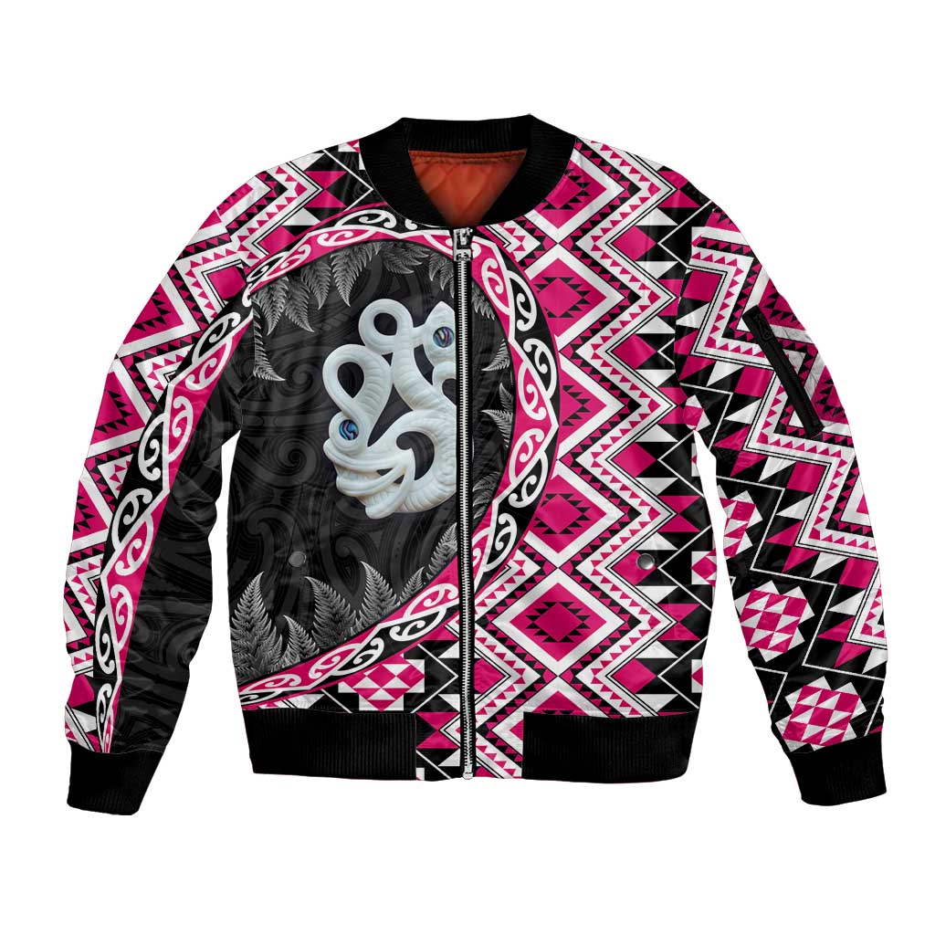 Pink Taniko Motif Aotearoa Manaia and Silver Fern Sleeve Zip Bomber Jacket LT03 Unisex Pink - Polynesian Pride