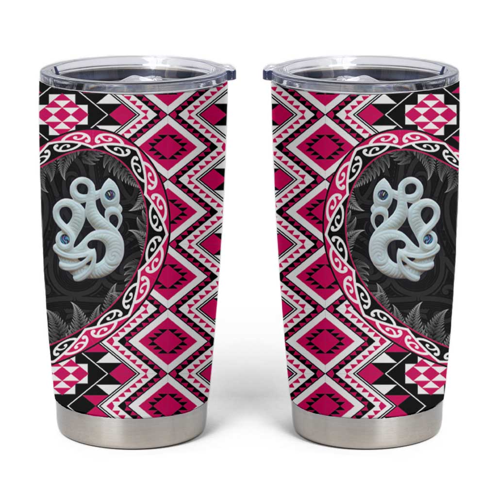 Pink Taniko Motif Aotearoa Manaia and Silver Fern Tumbler Cup